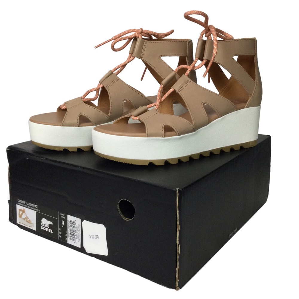 NEW Sorel Cameron Flatform Lace Sandals Honest Beige/Gum Sz 9